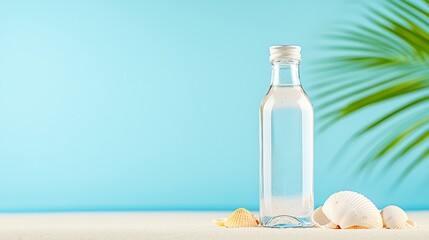Obraz premium Refreshing clear bottle of water with seashells and palm frond