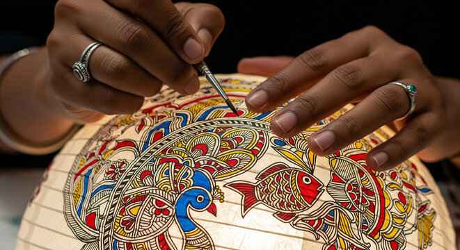 Japanese "washi" paper lantern being carefully painted with traditional Indian "Madhubani" art motifs by an Indian artist's steady hands