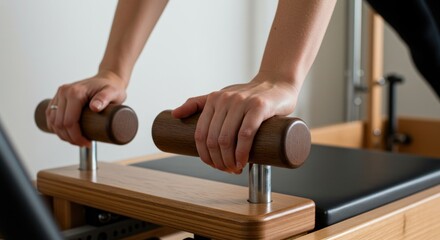 Hands gripping wooden handles of a pilates reformer