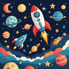 Naklejka premium Cartoon Rockets and Planets in Space Illustration for Kids