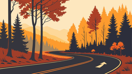 A scenic illustration of a winding road through a vibrant forest.