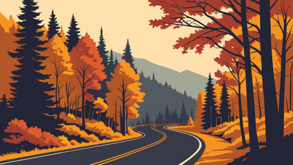 Autumn Road Trip Winding Road Through Colorful Forest Fall Foliage Landscape Scenic Drive Illustration.
