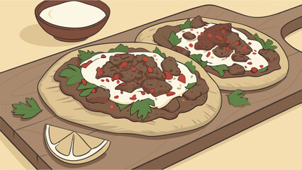 Delicious Middle Eastern Cuisine Flatbread with Meat and Yogurt Sauce Food Illustration Recipe Image Restaurant Menu.