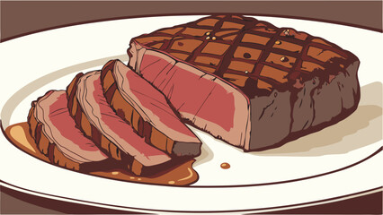 Grilled Steak on Plate Sliced and Ready to Eat Delicious Meat Dish Illustration.