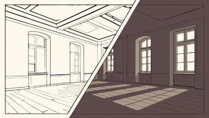 Classic Room Interior Design Sketch Architectural Drawing Line Art Before and After Home Renovation House Plan Apartment Illustration Room Blueprint Interior Architecture Building Design Home Decor R.