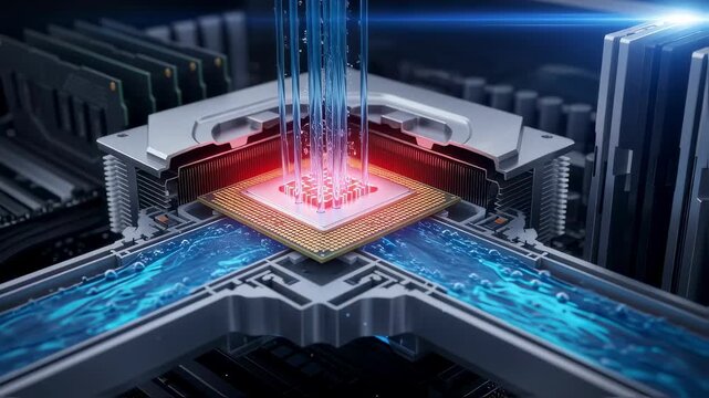 Crosssection animation revealing the inner workings of liquid cooling plates attached directly to supercomputer CPUs for rapid heat removal.