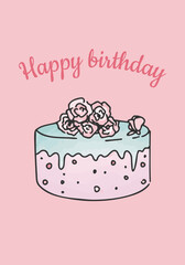 Birthday Cake with Flowers Greeting Card. Doodle – Vector Illustration. EPS