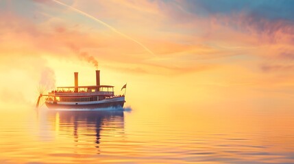 Naklejka premium Steamboat sails on tranquil water at sunset with vibrant sky