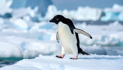 Obraz premium A single Adelie penguin stands poised on a patch of ice, its wings slightly outstretched against a backdrop of icy terrain and a clear, bright sky.