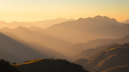 Fototapeta premium A serene mountain landscape bathed in golden hour light, showcasing nature's grandeur.