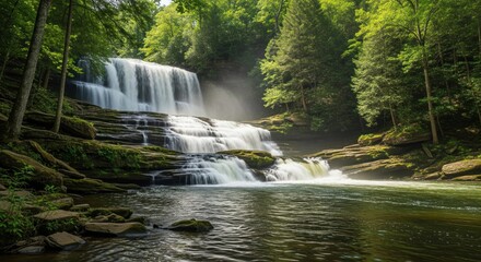 Cascading waterfall in lush forest