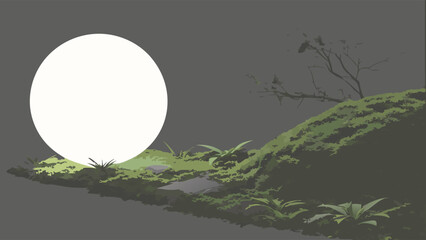 Tranquil Moonlit Landscape with Mossy Terrain.