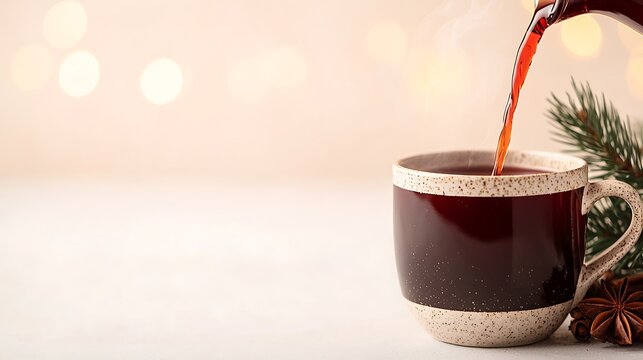 Warm beverage poured into a festive mug with pine sprigs
