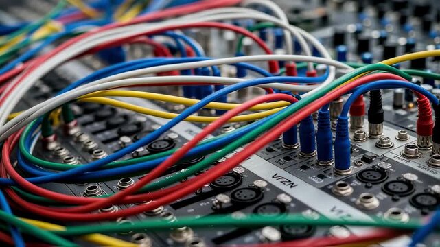 Focus on layered patch cables weaving through a dense mixdesk patchbay capturing the complexity of professional audio setups.