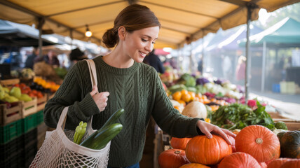 A smiling woman selects pumpkins at a farmers market. Preparing for Thanksgiving celebration.