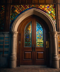 Ornate wooden doors with stained glass in an arched entrance