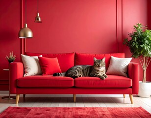 Red living room with cat
