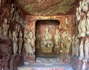 Cave behind big standing Buddha statue on left side in Dayun Ancient Grotto at Thousand-Buddha Cliff on bank of Jialing River in Guangyuan, Sichuan, China, constructed from late Northern Wei Dynasty.