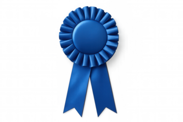 Blue ribbon award rosette symbolizing success, achievement, and recognition on a clear background