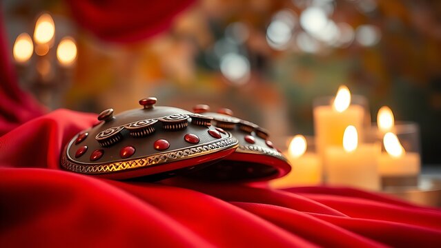 Traditional castanets resting on crimson silk, glowing with candlelight and autumn foliage behind.