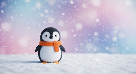 Cute penguin with orange scarf in a snowy winter scene with cheerful holiday vibes.