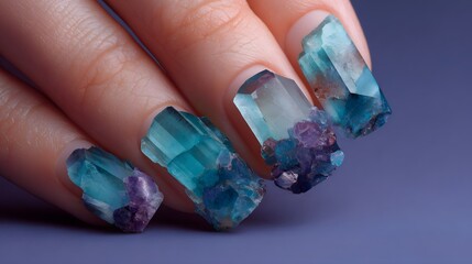 Unique nail art featuring blue and purple gemstone crystals attached to finger nails, against a solid purple background, fashion, beauty.