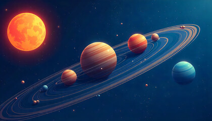 Naklejka premium Colorful Planetary System with Bright Sun and Ringed Planets in Deep Space