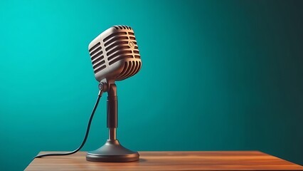 Vintage microphone on wooden table, evoking nostalgia and retro studio aesthetics.