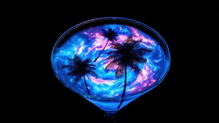 Glowing cocktail glass with neon tropical waves and floating palm trees, vibrant fantasy colors creating vacation vibe