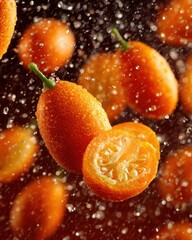 Close-up of fresh kumquats with water droplets in motion