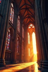 Golden Sunset Illuminates Majestic Gothic Cathedral Breathtaking Architecture, Stained Glass, and a Scene of Spiritual Reverence