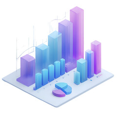 Isometric 3D bar charts and pie graph visualization for data analysis.