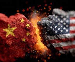 A dramatic clash depicted by two rocks, one bearing the Chinese flag and the other the American flag, fracturing apart amidst a fiery explosion.