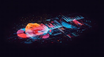 Abstract data visualization with charts graphs and a polygonal sphere on a dark background surface