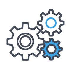 Vector art of three interlocking gears, two gray and one blue, are depicted in a flat design illustration against a white background