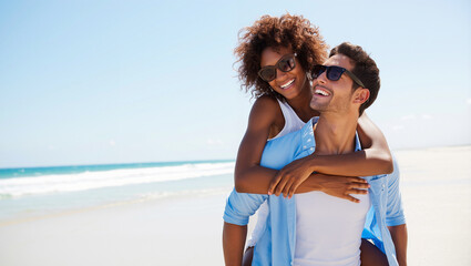 Couple share a sunny beach day, smiling and embracing each other while enjoying the warm ocean breeze. Laughter fills the air as waves crash nearby. love and summer holidays concept. Generative AI.