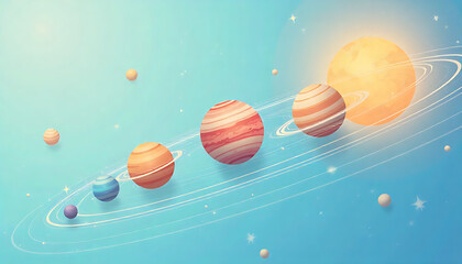 Colorful Planetary System Illustration with Bright Sun and Orbiting Planets in Space
