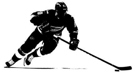 Fototapeta premium Dynamic black and white silhouette of an ice hockey player skating.