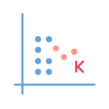 Vector art of a scatter plot displays a cluster of blue dots and a trend of pink dots moving downwards, with the letter k indicating a variable