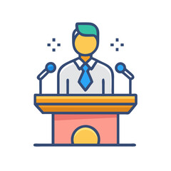 Obraz premium Vector art of a confident speaker stands at a podium with microphones, ready to deliver a presentation
