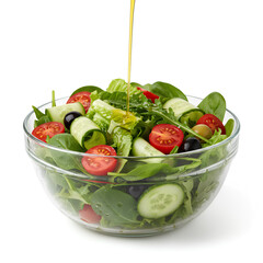 Olive Oil Being Poured Over a Greek-Style Salad with Lettuce and Olives