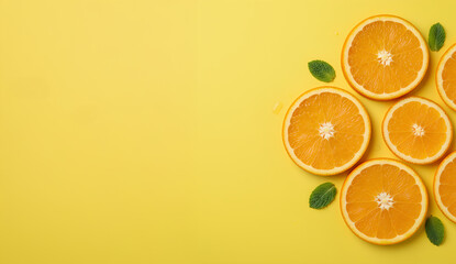 Top View of Orange Slices and Mint Leaves on a Bright Yellow Background