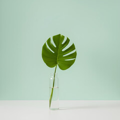 Single Monstera Leaf in a Glass Vase on a Minimalist Blue-Green Background