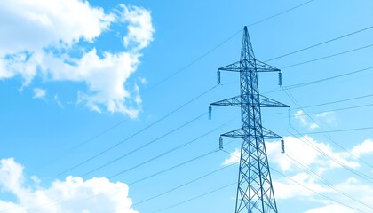 Fototapeta premium A tall metal electrical transmission tower rises against a bright blue sky dotted with fluffy white clouds.