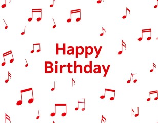 Red musical notes on white background with "Happy Birthday" text