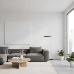 Empty White Canvas on a Wall in a Modern Living Room with Gray Sofa