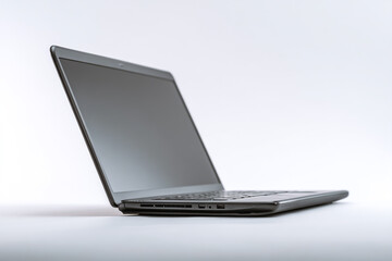 Modern silver laptop computer open and angled on a clean white background isolated on white background