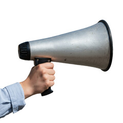 Hand holding a loud speaker megaphone 