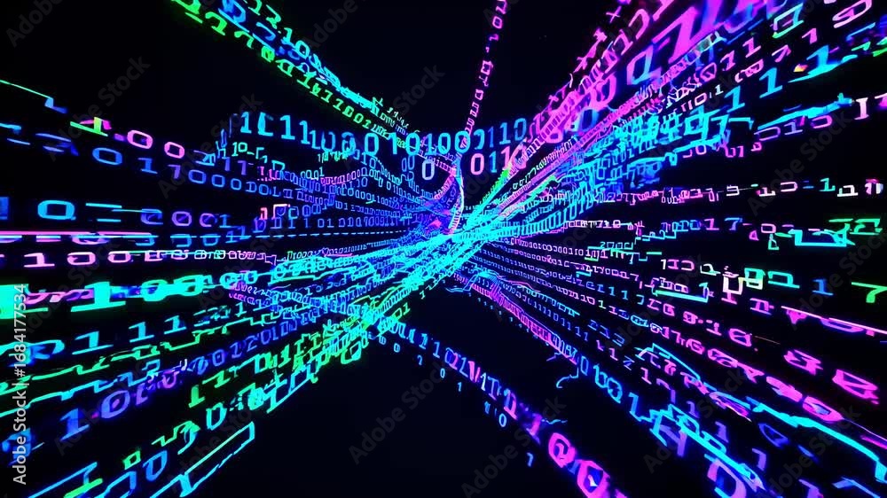 Wall mural dynamic video of colorful binary code streams, captured from a wide-angle perspective, creating a se