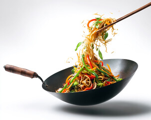 Delicious stir fry noodles being lifted from a wok with chopsticks isolated on white background
